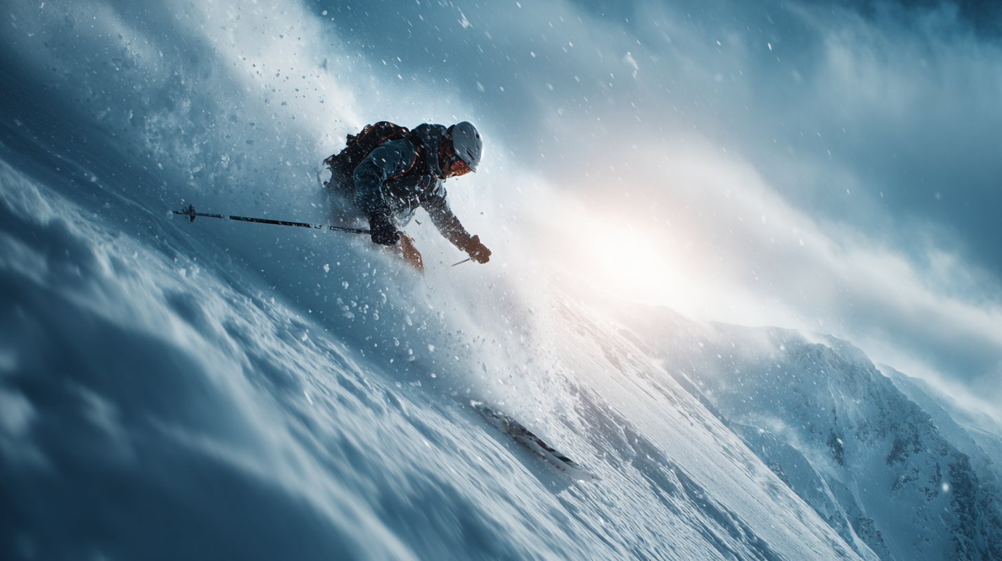 Skier carving through fresh powder