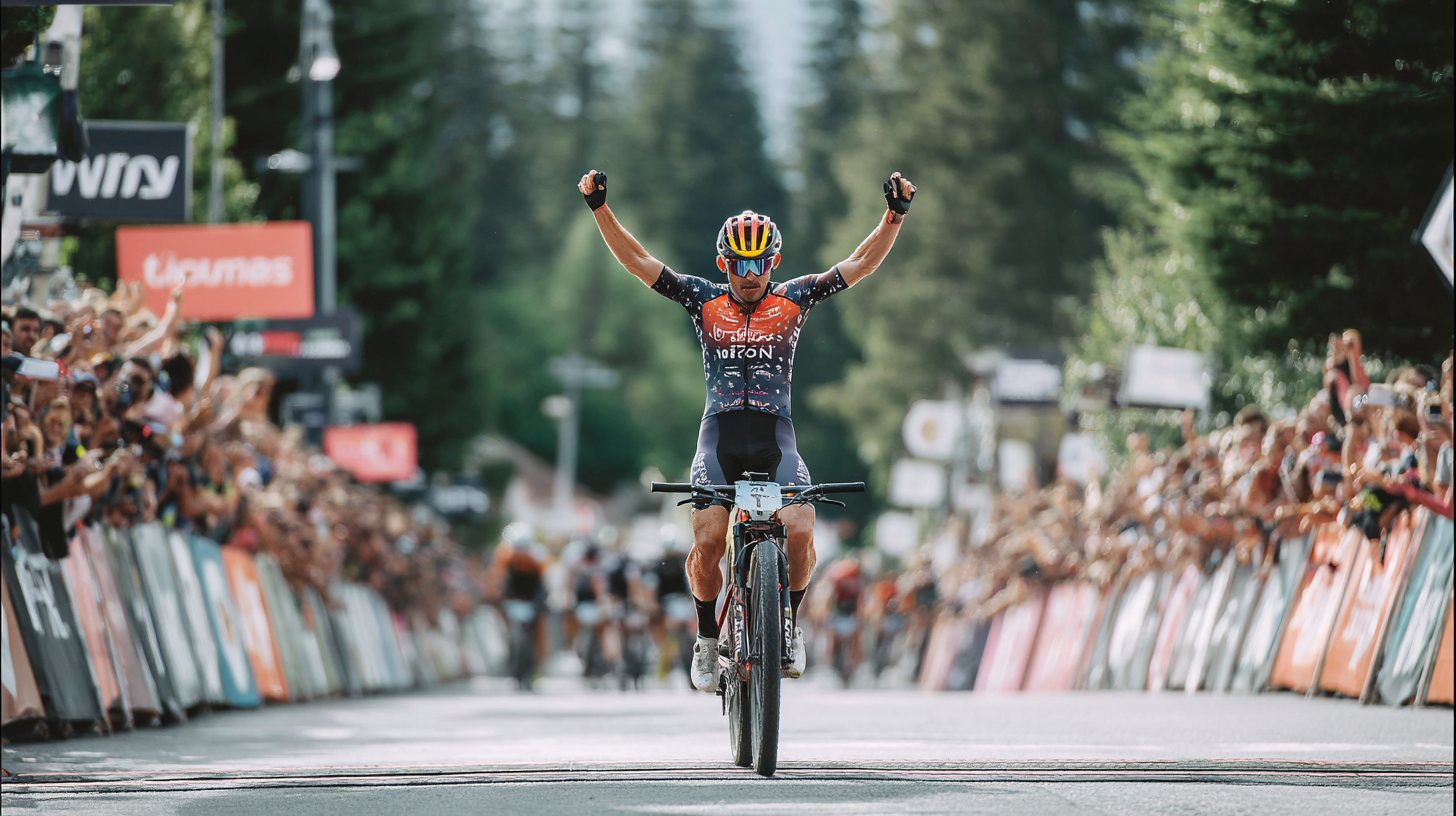 Cyclist crossing the finish line with both arms raised